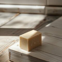 handmade soap bar on a light wooden surface, realistic texture, lifestyle artisanal mood