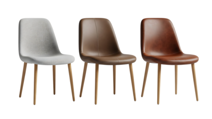 Three stylish chairs with wooden legs isolated on a transparent background