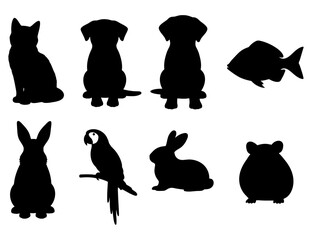 Collection of Diverse Animal Silhouettes Including Pets, Mammals, and Aquatic Creatures