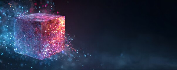 A shimmering cube, vibrant with light, surrounded by sparkling particles, floats against a dark, dreamy backdrop
