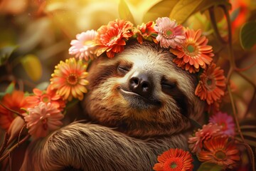 Obraz premium Adorable sloth with closed eyes wearing a vibrant flower crown, enjoying a peaceful moment in the warm sunlight