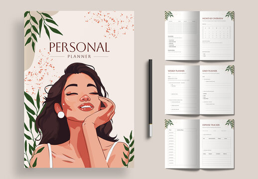 Aesthetic Self Care Journal and Personal Planner Template with Botanical Illustration