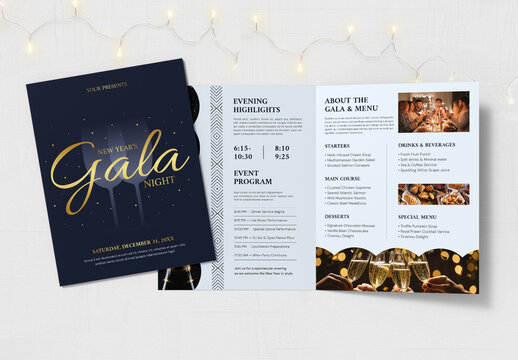 Luxury New Year's Gala Night Event Program and Menu Brochure Template with Gold Typography