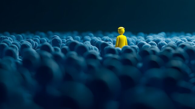 A solitary figure in vibrant yellow stands out amidst a sea of blue.
