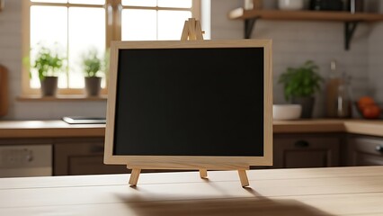 Blank chalkboard on wooden easel stand in bright kitchen interior, empty blackboard menu mockup template for restaurant cafe recipe message board home decor display