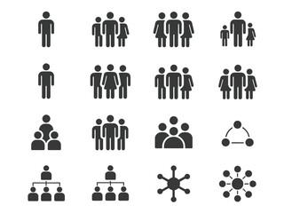 A collection of pictogram icons represents various group sizes and organizational structures.