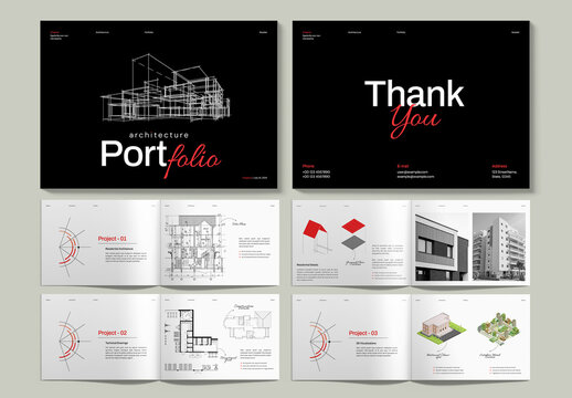 Professional Architecture Portfolio Booklet Template With Project Blueprint Concept