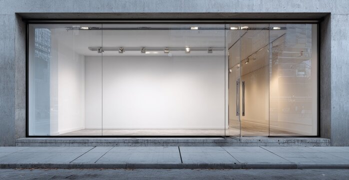 An empty storefront with glass doors, minimalist design, and a concrete facade, street-level view