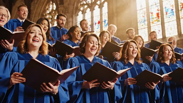 Large church choir singing in blue robes. Diverse group performing religious music in a cathedral with sunlight. Worship and gospel concept