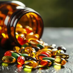 extreme macro realistic shot of vitamin capsules spilled from a bottle, high-detail product photo