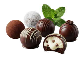Artfully arranged gourmet truffles on transparent; one with white chocolate swirl, one bitten revealing creamy white ganache, green mint sprig, luxury dessert concept.