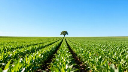 Green field with lone tree under blue sky