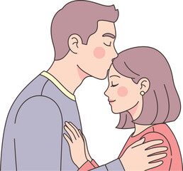 Tender moment of a man gently kissing a woman on the forehead