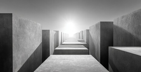 A concrete staircase leads to a bright light in a minimalist, black and white, architectural perspective