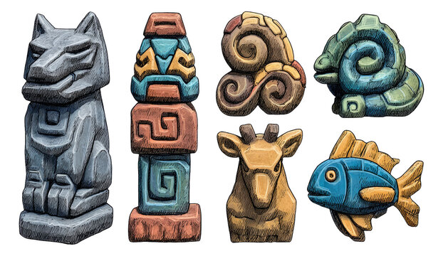 Detailed illustration of six carved animal totems featuring wolf, fish, deer, and more