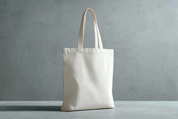 A neutral-toned tote bag, made of textured fabric, sits against a gray backdrop