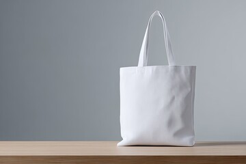 A plain white tote bag with its handles raised, positioned on a wooden surface. Grey backdrop