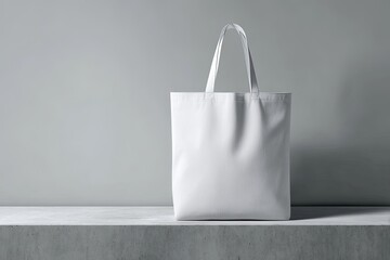 A white tote bag, placed centrally against a pale gray backdrop, on a concrete-like surface