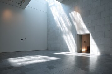 Architectural interior with sunlit, textured walls and a doorway in a modern, spacious setting