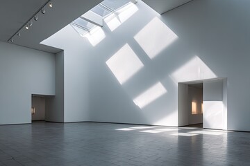 Spacious gallery with an architectural skylight. Sun illuminates wall, creates geometric light and shadows