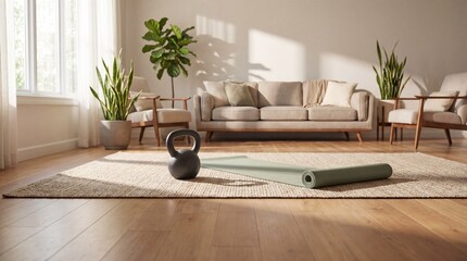 Yoga mat, kettlebell, sunny living room. Rolled yoga mat on rug near kettlebell, sofa, plants, bright daylight; yoga mat supports home workout for newyear fitness goals, wellness theme