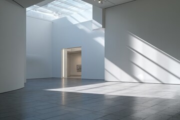 An expansive, minimalist gallery space, flooded with natural light creating shadows and stark contrast