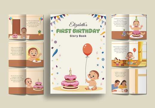 Personalized First Birthday Baby Storybook Template with Cute Illustration for Kids