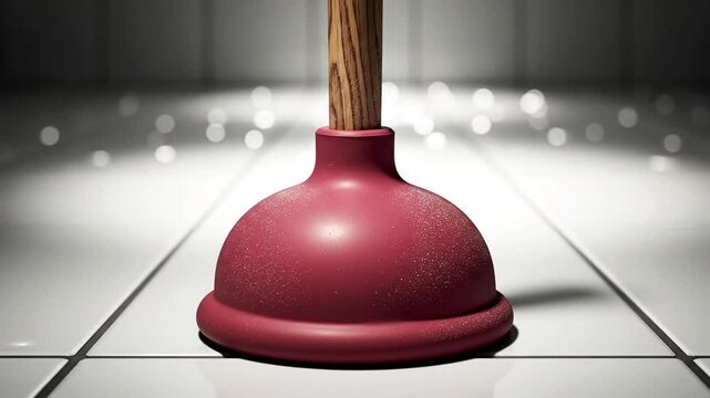 Essential Red Toilet Plunger Standing on Clean White Tiled Floor with Dramatic Spotlight