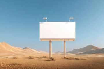 Desert landscape featuring a large, blank billboard under a clear, blue sky. Light and shadows define the scene