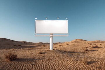 Blank billboard rises from a sandy desert under a clear blue sky with subtle plant life
