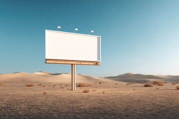 Blank billboard in desolate landscape under clear, bright blue sky. Sandy terrain and distant dunes
