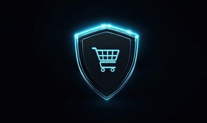 A glowing blue shield icon with a shopping cart inside, over a dark background. It symbolizes secure online shopping