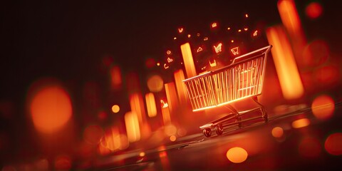 Glowing shopping cart with butterfly-like symbols against a blurred, fiery orange background