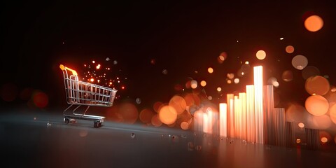 A metallic shopping cart emits sparks, representing growth alongside a bar chart, all in orange bokeh