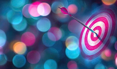 Close-up of a bullseye with a single dart perfectly hitting the center, with blurred bokeh background