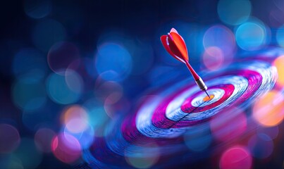 A red dart piercing the bullseye of a target, with a blurred, colorful background