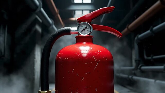 Vibrant Red Fire Extinguisher in Gritty Industrial Setting with Pipes and Haze, Essential Safety Equipment