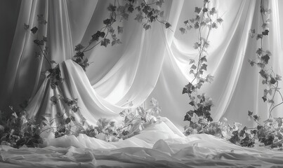 Dramatic monochrome scene of cascading fabric with hanging vines creating an ethereal backdrop