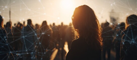 Woman looking into sunlit distance among crowd, connected by network lines, with blurred figures