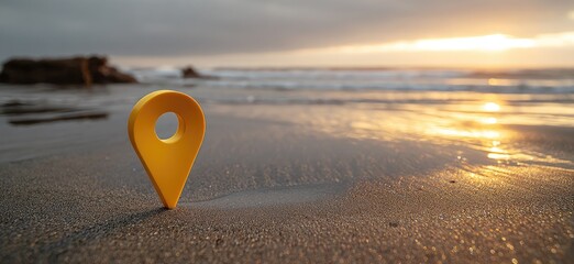 A yellow location pin on a sandy beach, with the ocean and a sunset horizon in the background
