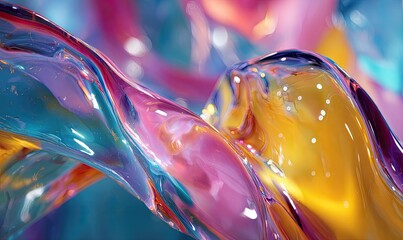 A swirling, flowing abstract art piece with bright colors, and transparent, glossy textures