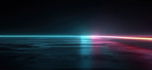 A dark concrete surface is lit by neon blue and pink lights, creating reflections