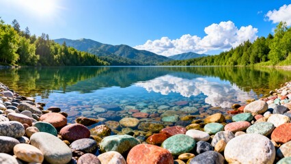 Scenic lake with colorful stones