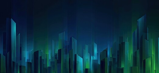 Abstract cityscape with elongated geometric structures emitting streaks of green light against a dark background
