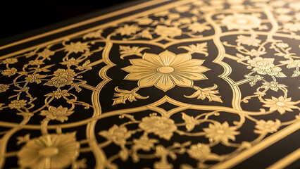 Ornate Gold Floral Pattern On Black Surface With Dramatic Lighting