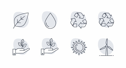 Set of eco-friendly line icons for environmental conservation and sustainability.
