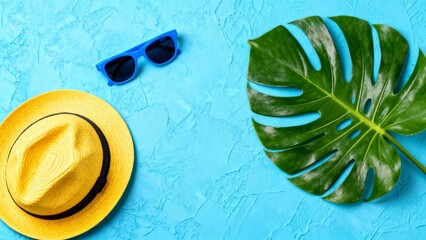 Summer vacation accessories on blue background