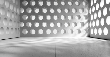 Architectural interior view, displaying walls with circular perforations, lit by natural light