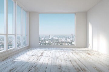 A bright, empty room with large windows, offering city views, and weathered wood floors