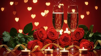 Celebrate a romantic New Year Eve or Valentine anniversary with two glasses of champagne wine and a gift of red roses beside glowing candles for a golden holiday party decoration